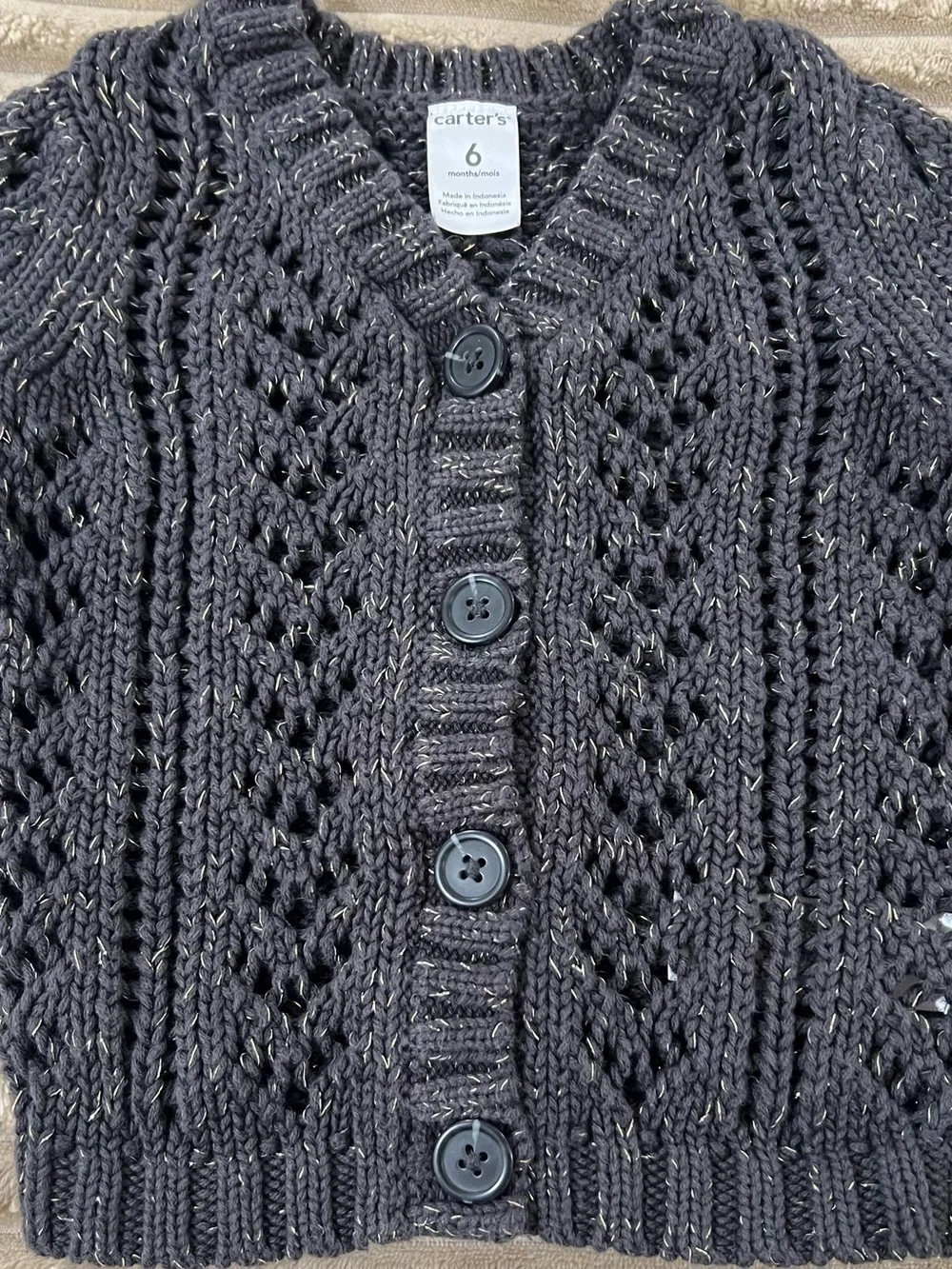 Carter’s Baby Girl Metallic Cable Knit Cardigan Sweater - Charcoal Gray - 6M